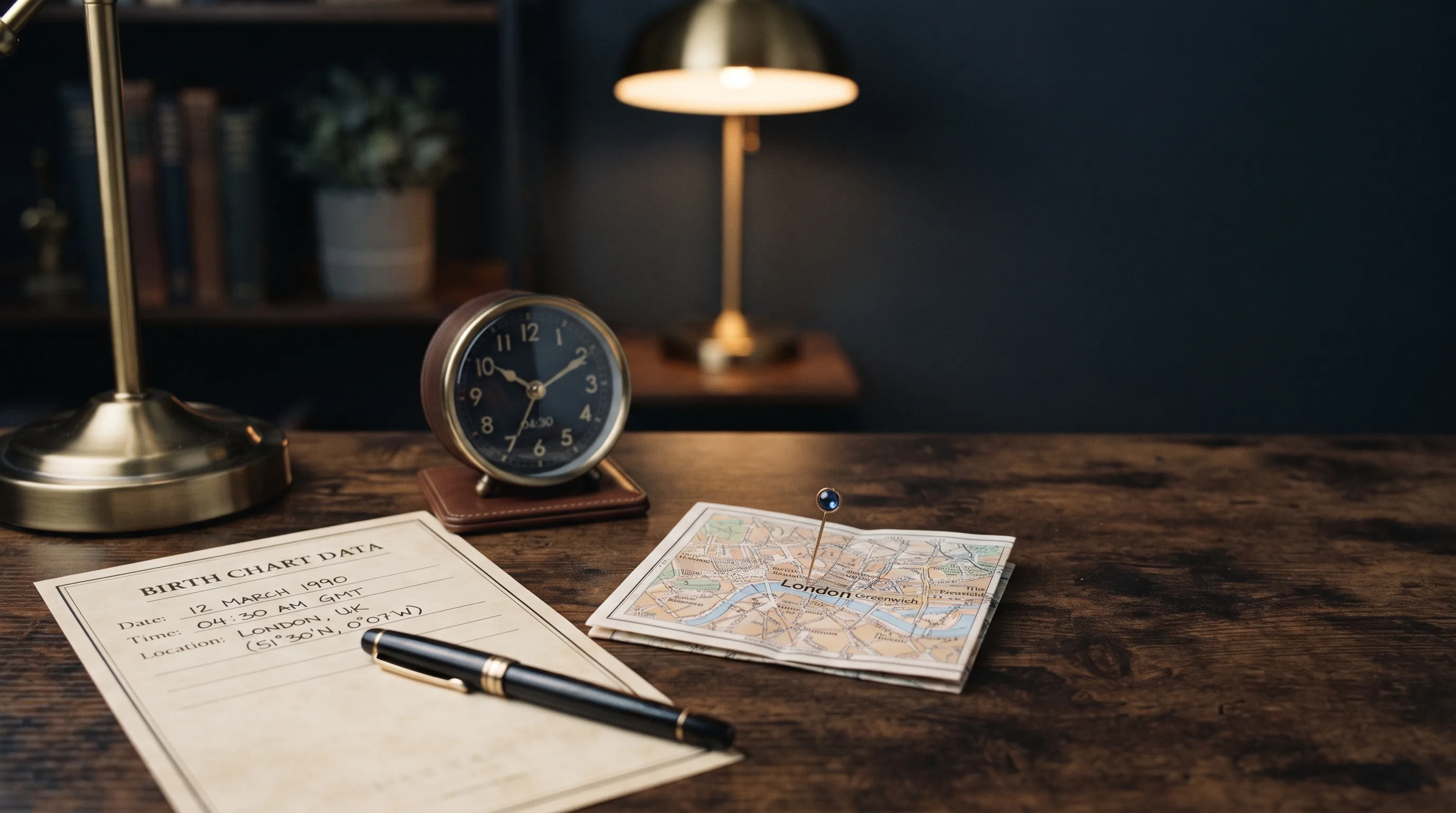 Paper notes, clock, and map pin suggesting careful birth data for timing