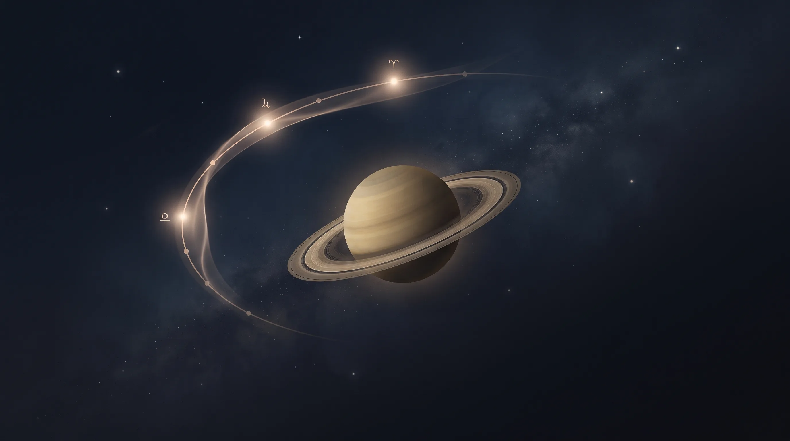 Saturn against a night sky with a soft return-window timeline of peaks