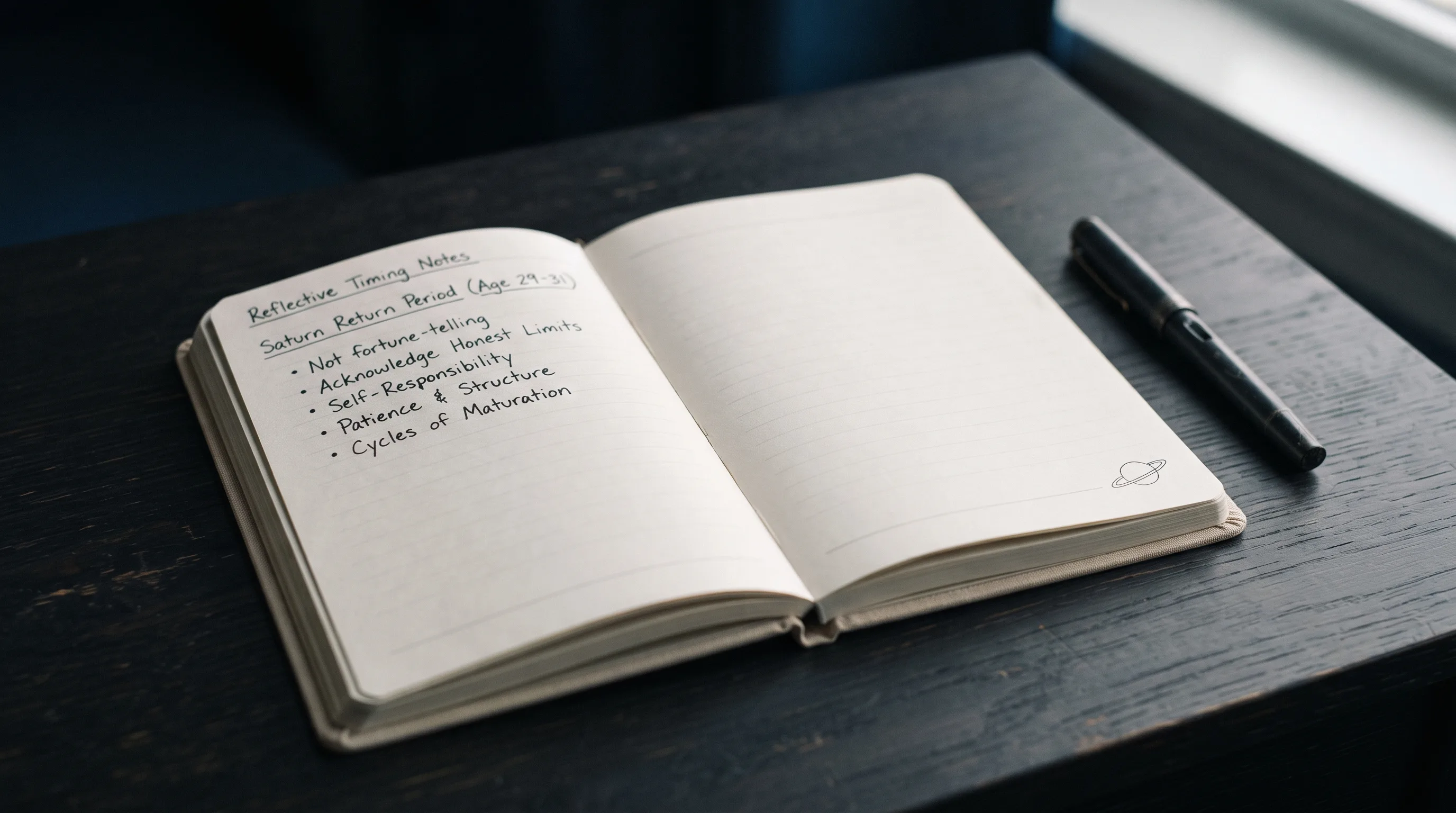 Open notebook with calm margins suggesting reflective, honest Saturn return guidance