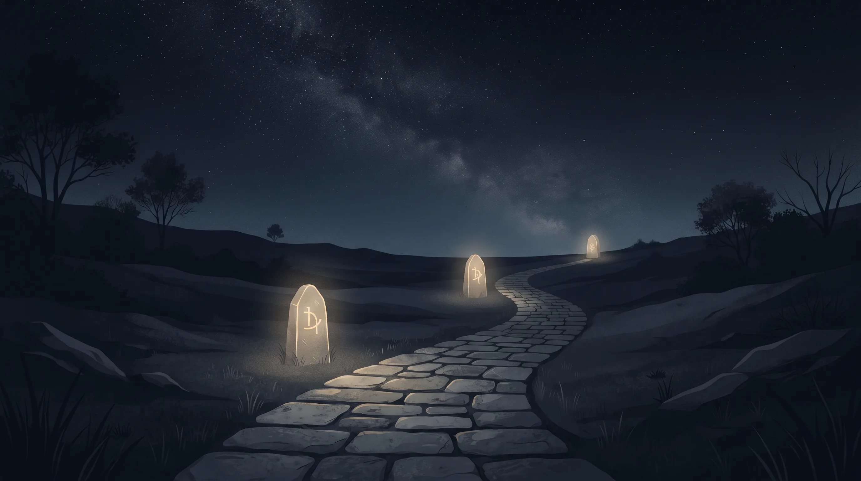 A night path with three milestones suggesting Saturn return life stages